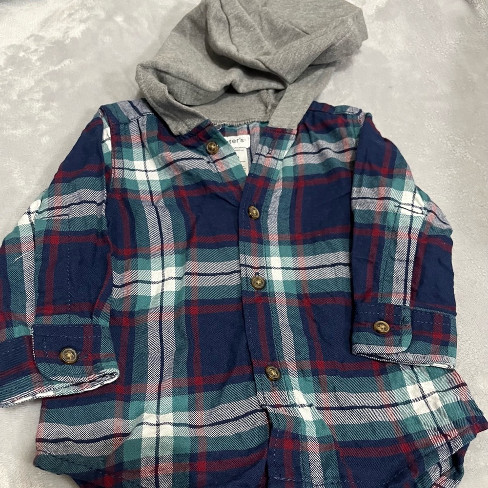 Carter's Blue and Red Plaid Button Down Shirt with Hood